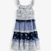 Next Broderie Tiered Standard - Jerseyjurk - Navy Blue White Woodblock Mixed Floral Print