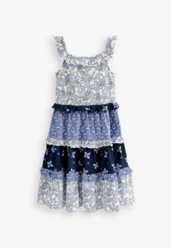 Next Broderie Tiered Standard - Jerseyjurk - Navy Blue White Woodblock Mixed Floral Print